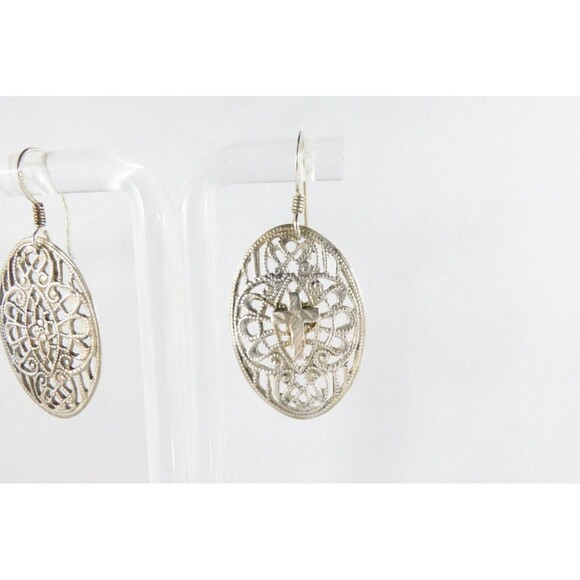 Pre-owned Oval Pierced Plaque Dangle Earrings in Sterling Silver 1 5/8" Drop - Picture 10 of 10